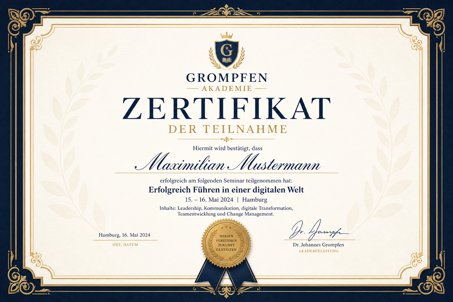 Teilnahmezertifikat der Grompfen Akademie